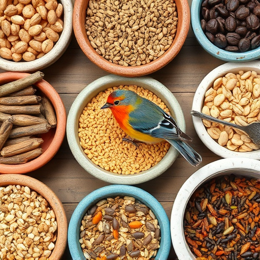 Variety of bird seed in bowls