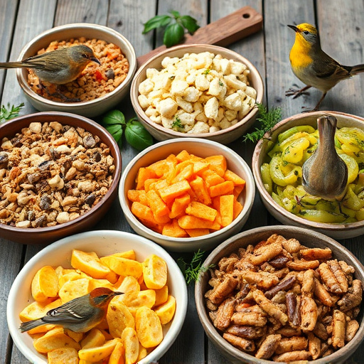 Variety of wild bird food in dishes