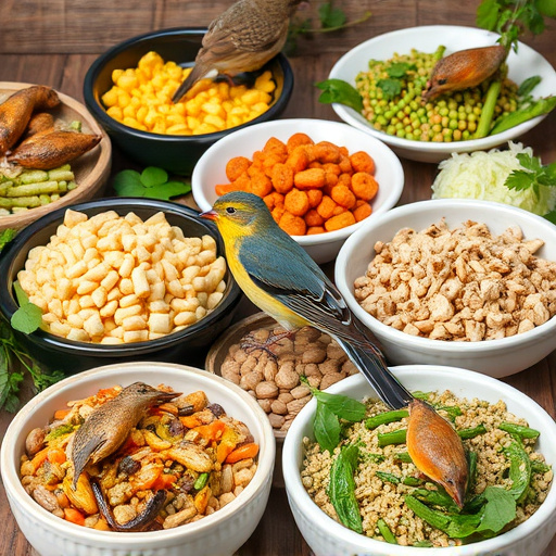 Variety of wild bird food in dishes