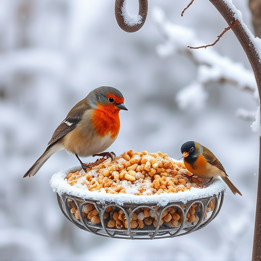 Winter bird food on frosty bird table