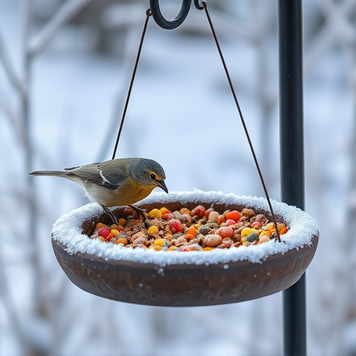 Winter bird food on frosty bird table