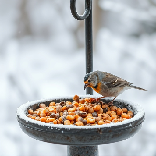 Winter bird food on frosty bird table