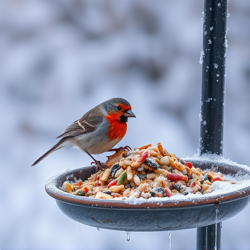 Winter bird food on frosty bird table
