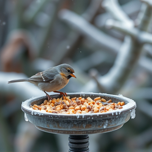 Winter bird food on frosty bird table