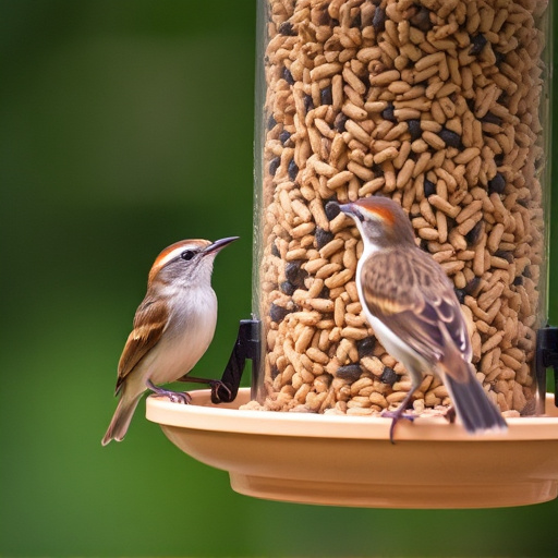Wrens eating from hanging seed feeder