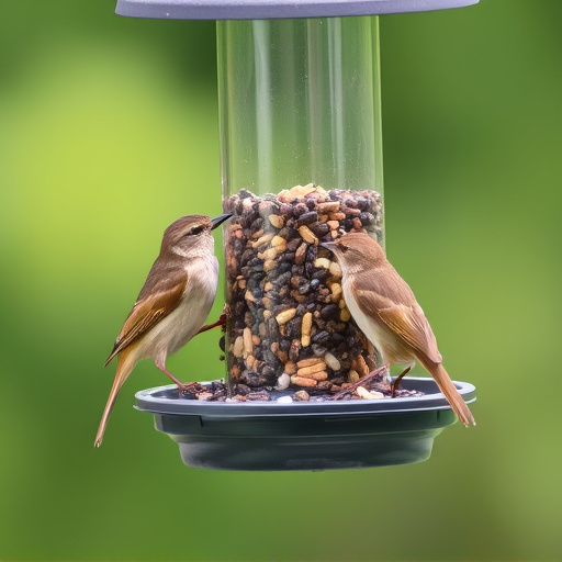 Wrens eating from hanging seed feeder