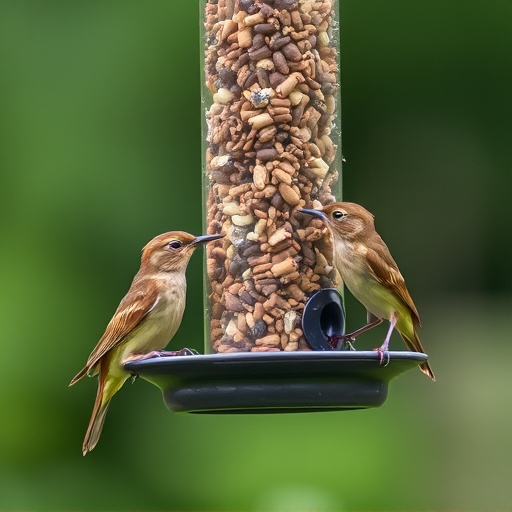 Wrens eating from hanging seed feeder