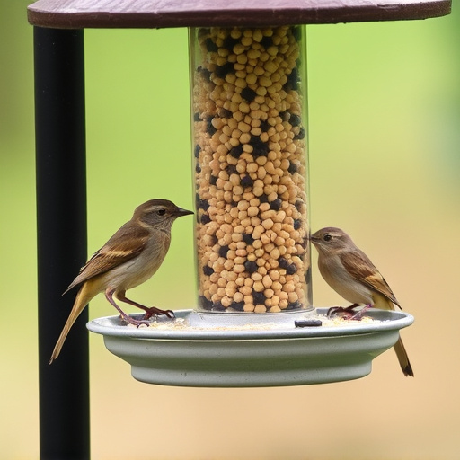 Wrens eating from hanging seed feeder