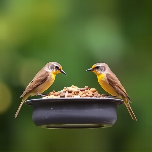 Wrens eating from hanging seed feeder