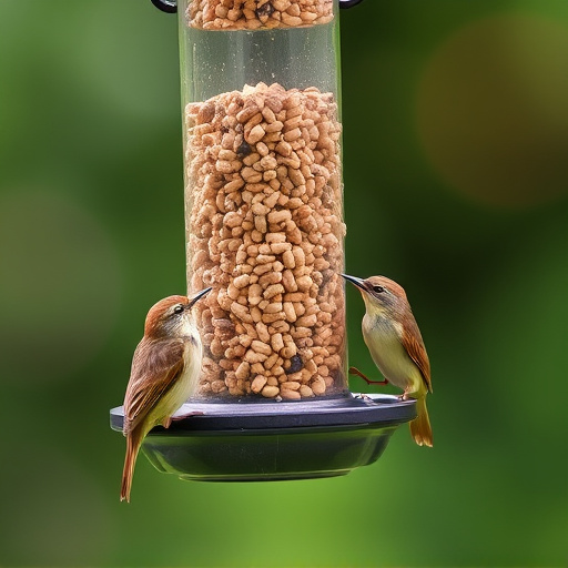 Wrens eating from hanging seed feeder