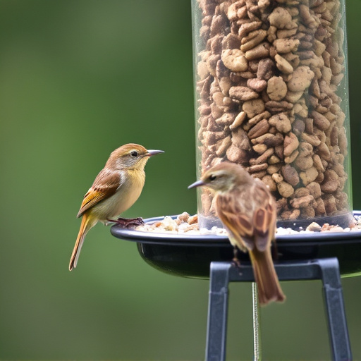 Wrens eating from hanging seed feeder