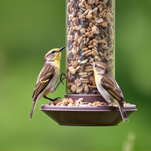 Wrens eating from hanging seed feeder