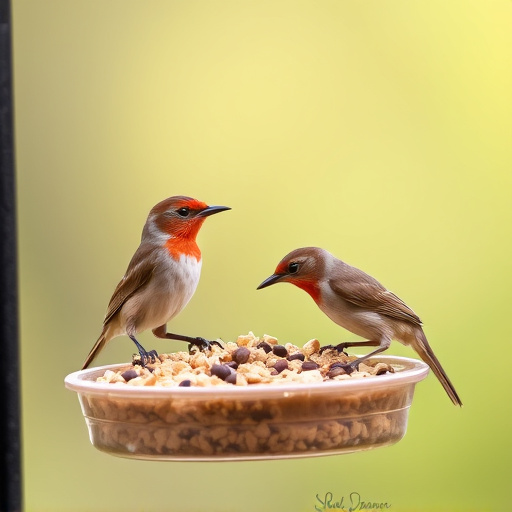 Wrens eating from hanging seed feeder