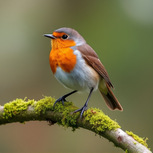 Adult robin perched on mossy branch