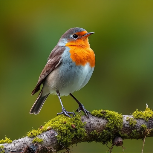 Adult robin perched on mossy branch