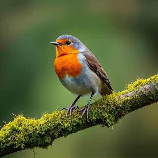 Adult robin perched on mossy branch