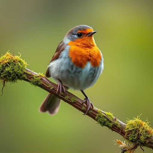 Adult robin perched on mossy branch