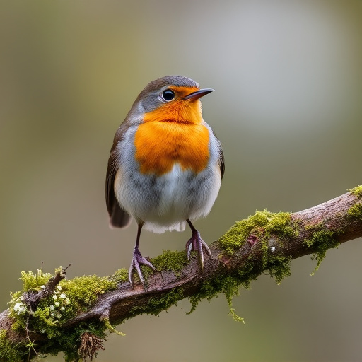 Adult robin perched on mossy branch