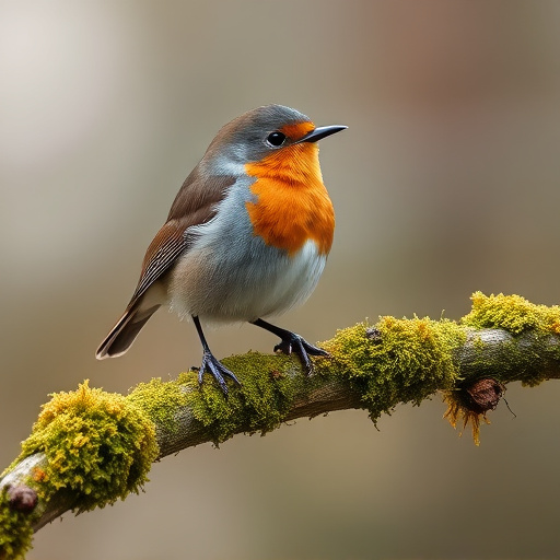 Adult robin perched on mossy branch