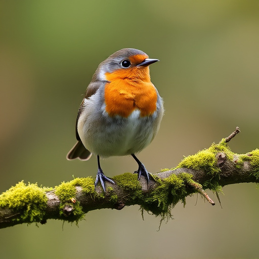 Adult robin perched on mossy branch