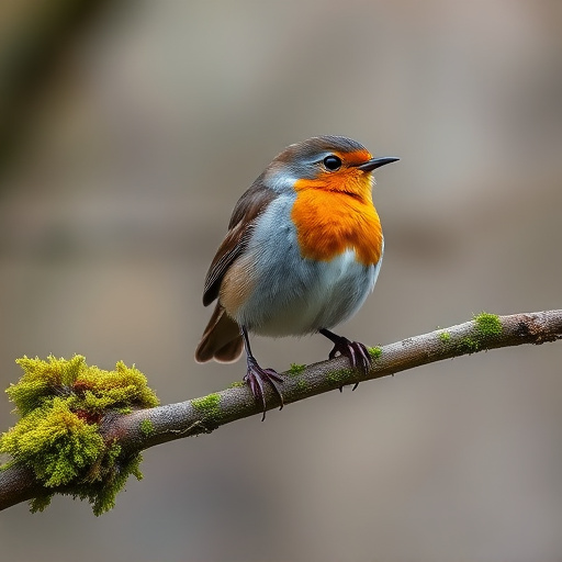 Adult robin perched on mossy branch