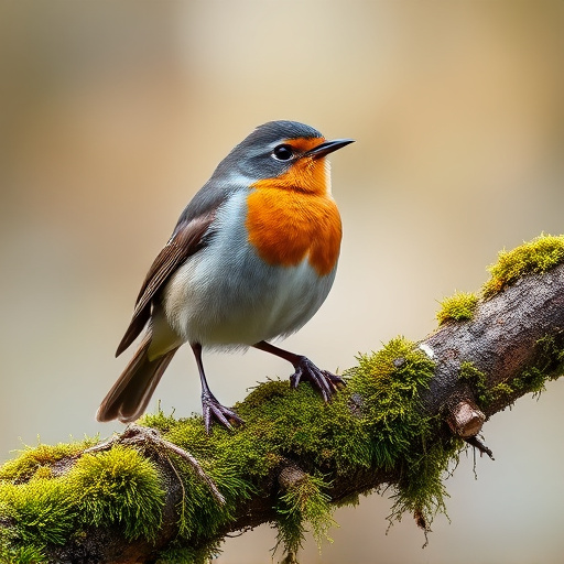 Adult robin perched on mossy branch