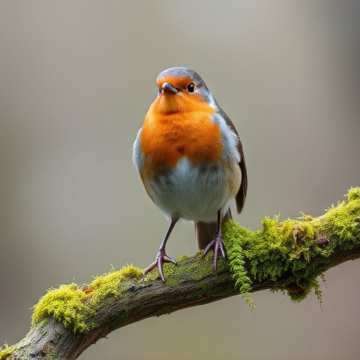 Adult robin perched on mossy branch