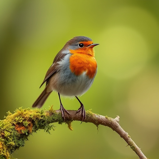 Adult robin perched on mossy branch