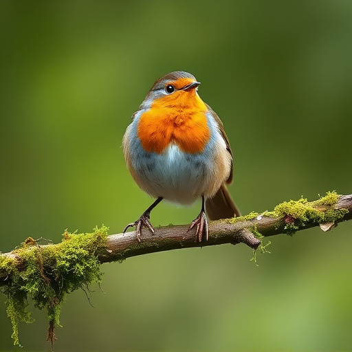 Adult robin perched on mossy branch
