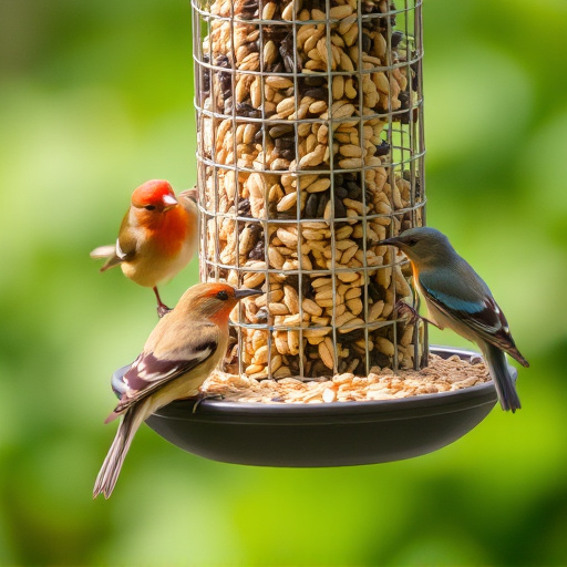 Assorted seeds in feeder for wild birds