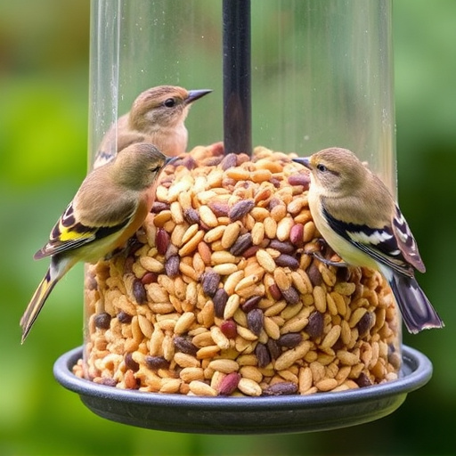 Assorted seeds in feeder for wild birds
