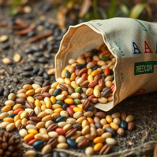 Assorted seeds spilling from bag outdoors