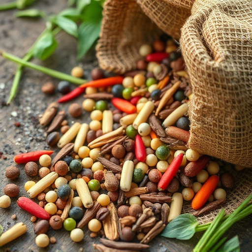 Assorted seeds spilling from bag outdoors