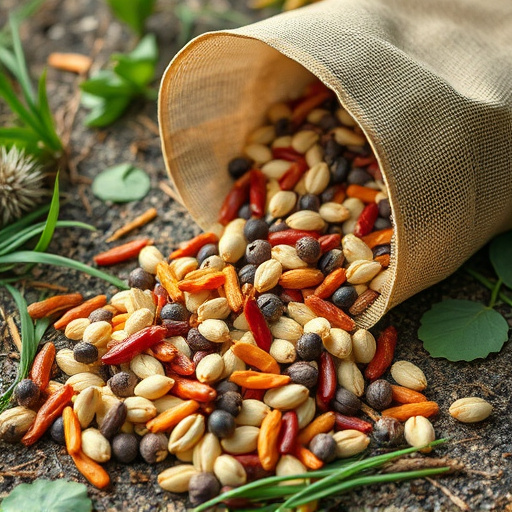 Assorted seeds spilling from bag outdoors