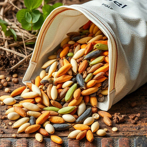 Assorted seeds spilling from bag outdoors