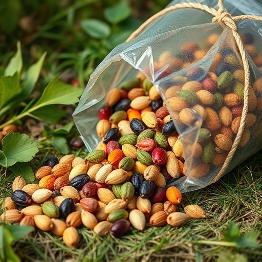 Assorted seeds spilling from bag outdoors