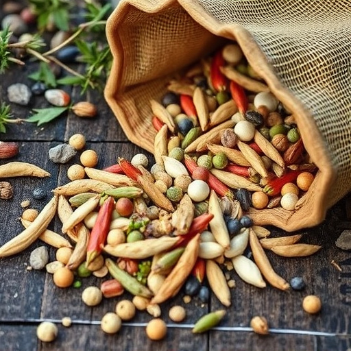Assorted seeds spilling from bag outdoors