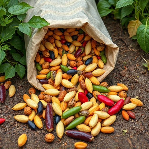 Assorted seeds spilling from bag outdoors