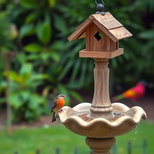 Bird bath beside bird feeder station