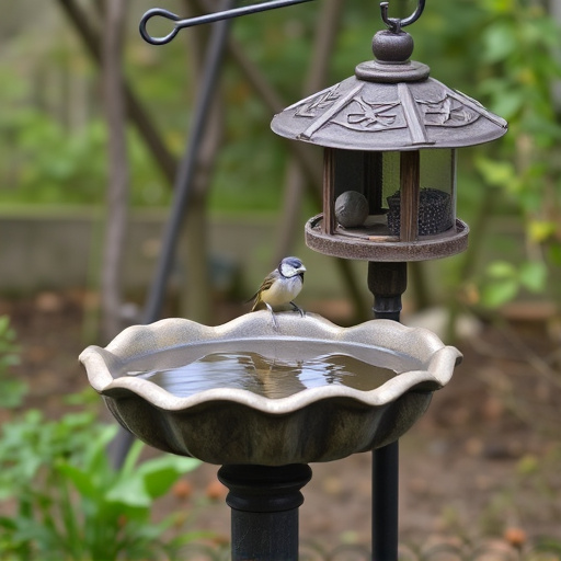 Bird bath beside bird feeder station
