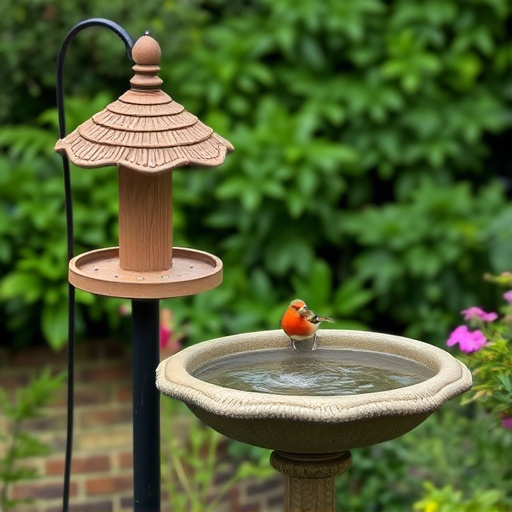 Bird bath beside bird feeder station