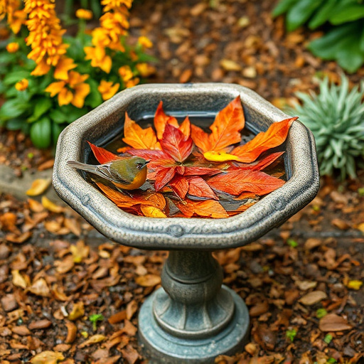 Bird bath filled with autumn leaves