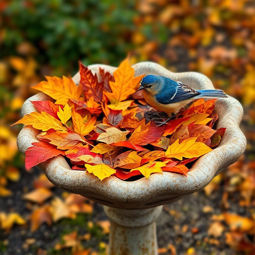 Bird bath filled with autumn leaves