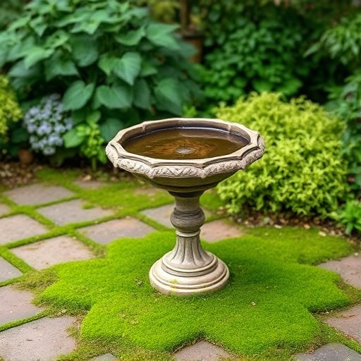 Bird bath set on mossy garden paving