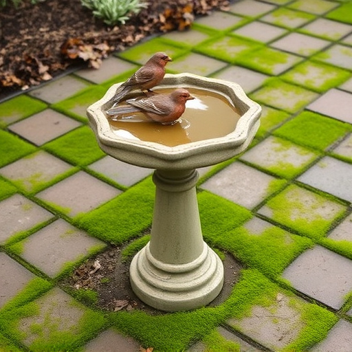 Bird bath set on mossy garden paving