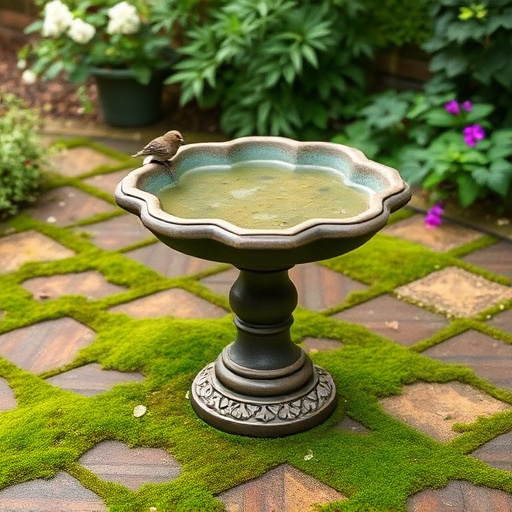 Bird bath set on mossy garden paving