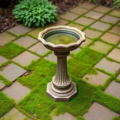 Bird bath set on mossy garden paving