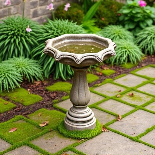 Bird bath set on mossy garden paving
