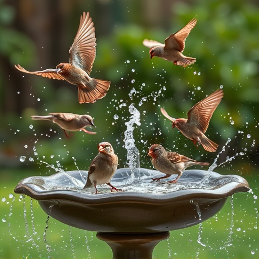 Bird bath with splashing sparrows mid-flight
