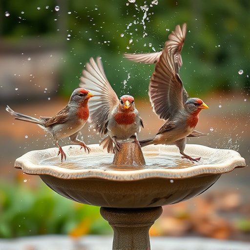 Bird bath with splashing sparrows mid-flight